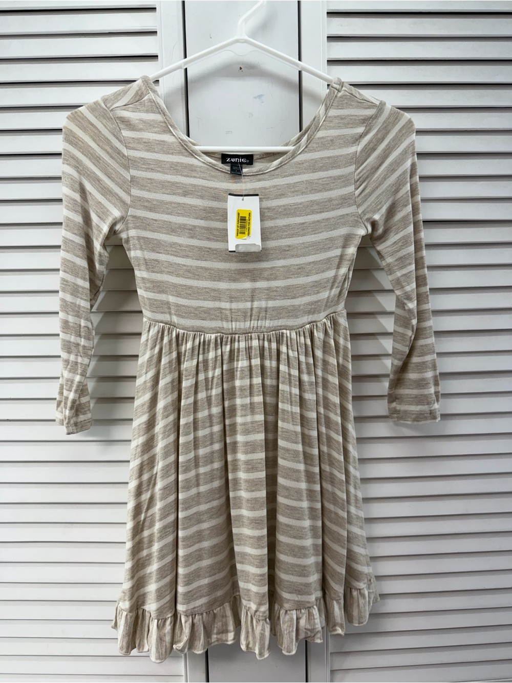 Zunie Girls' Beige & White Striped Long Sleeve Dress nwt